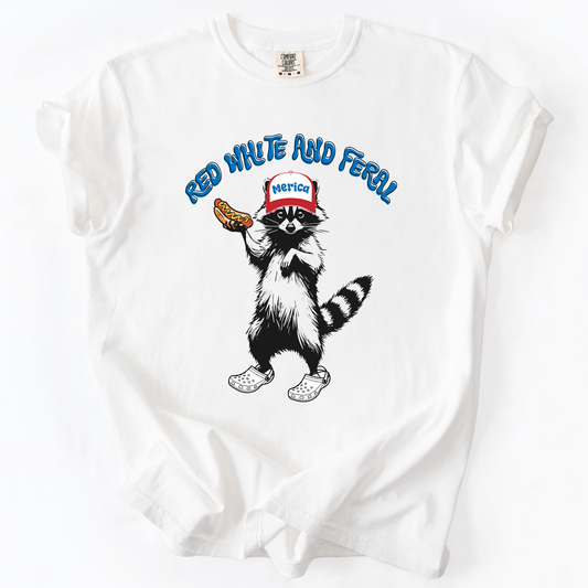 Red White And Feral Raccoon Funny Fourth Of July Patriotic USA Comfort Colors Tee