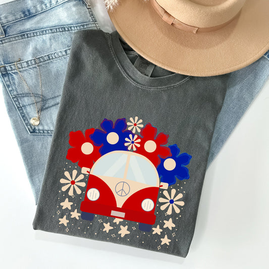 Retro Van Patriotic 4th Of July Vintage Road Trip Design Limited Edition Comfort Colors Tee