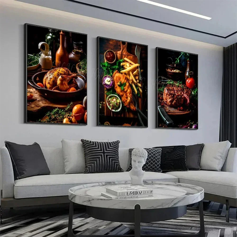 Chicken Food Burger French Fries Chicken Salmon Art Poster Canvas Painting Wall Print Living Room Home Restaurant Decor Poster