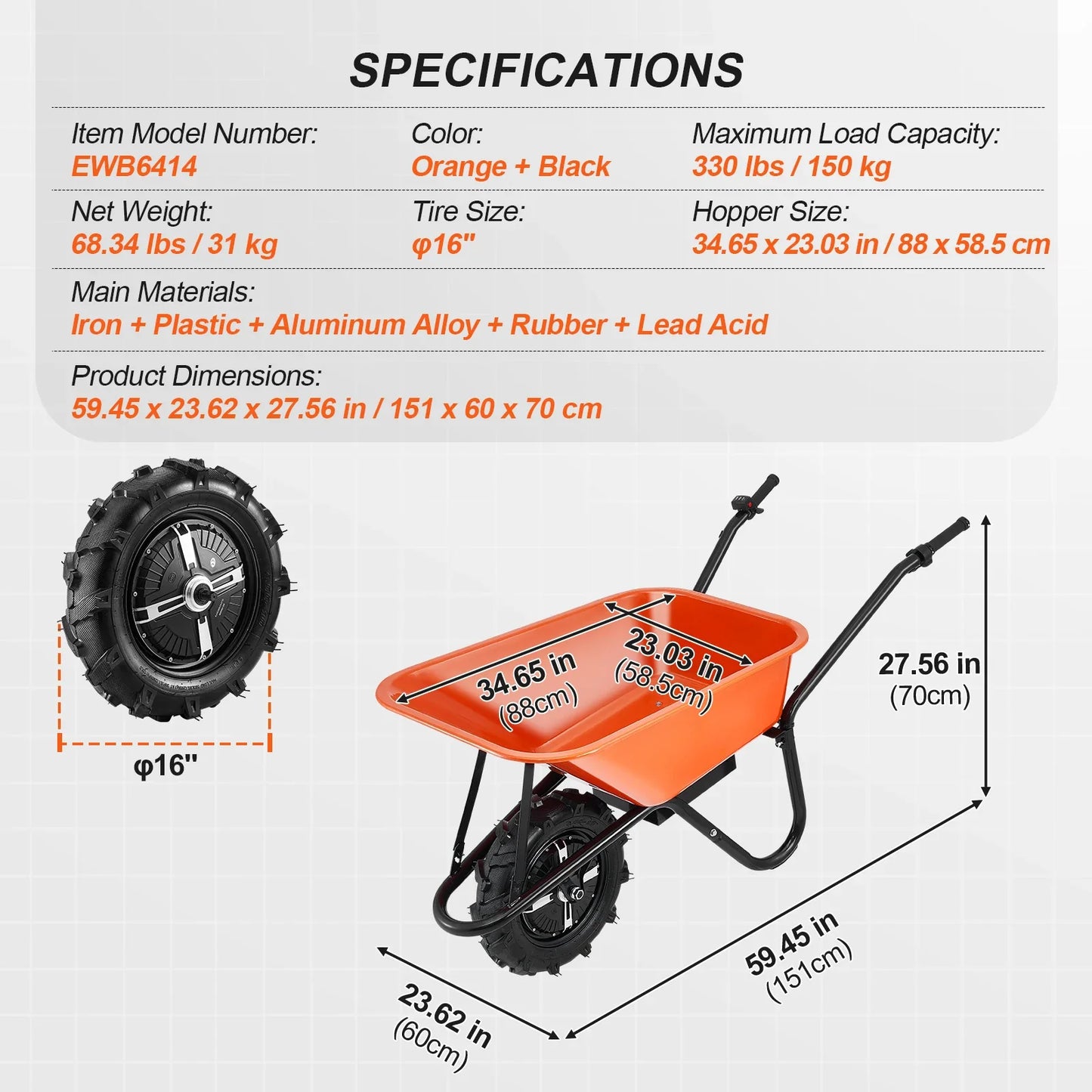 SucceBuy 500W Electric Wheelbarrow Cart For Garden Utility Dump Cart