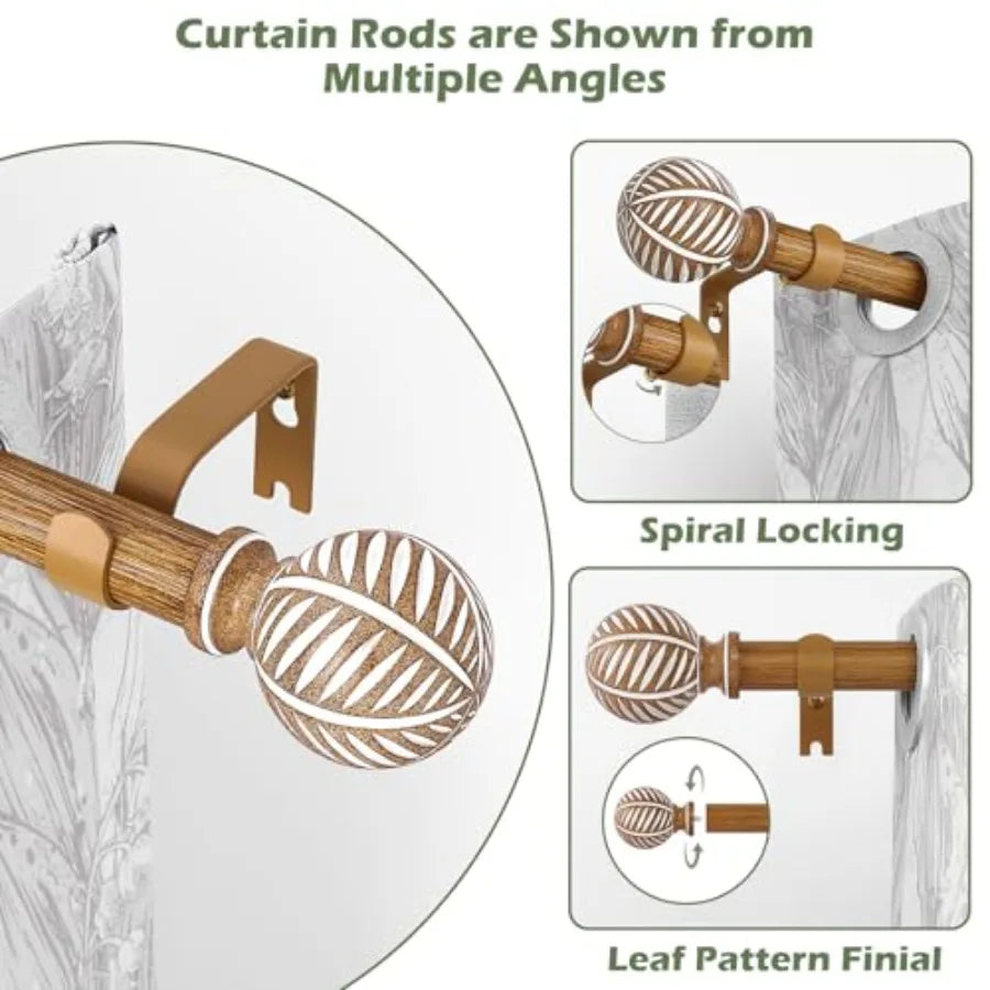 Wood Curtain Rods, Boho Adjustable, Imitation Wood Grain Leaf Design