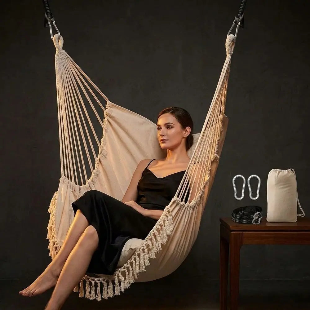 Boho Macrame Hanging Hammock Chair With Cushioned Seat