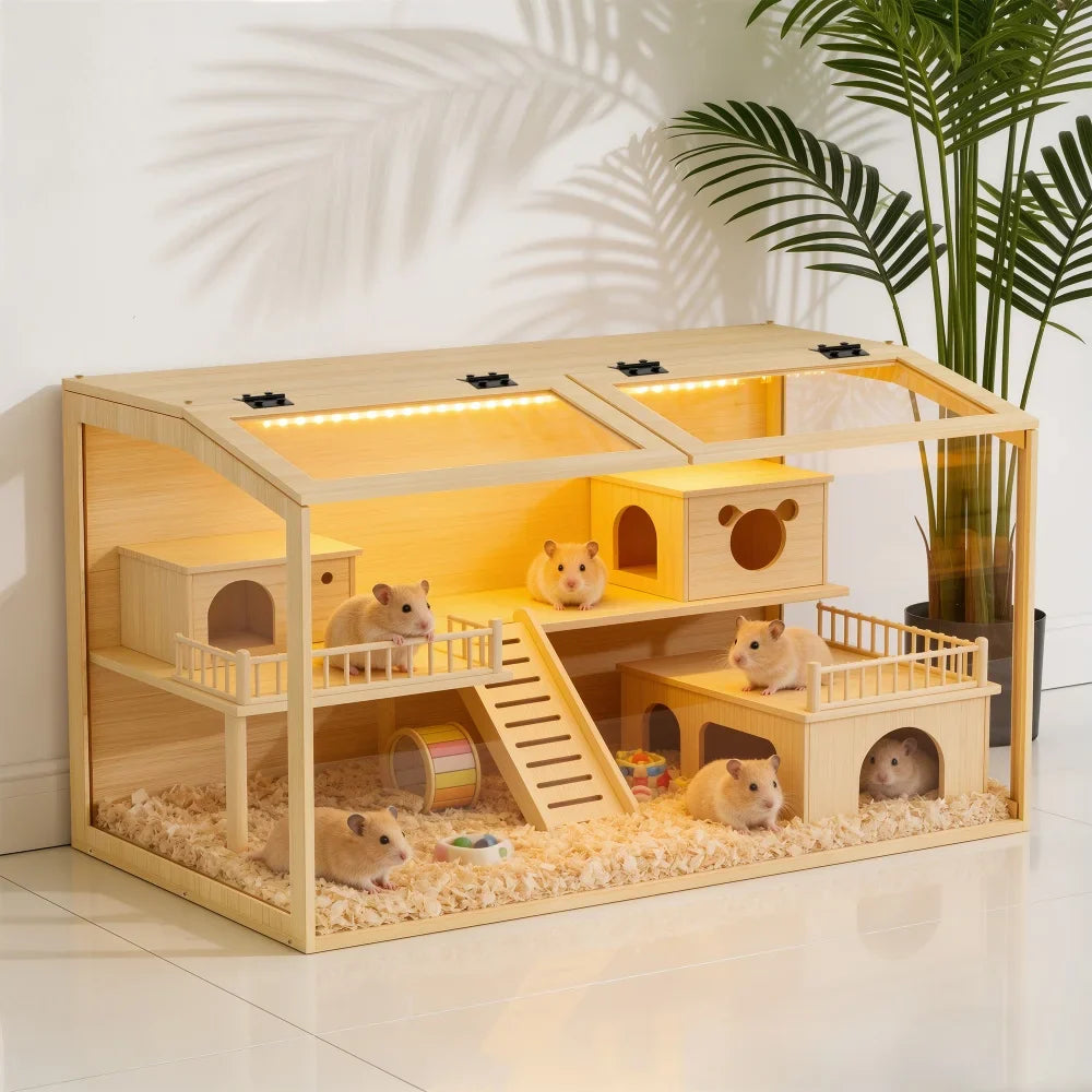 Wooden Hamster Cage With Tempered Glass LED Light Open Roof