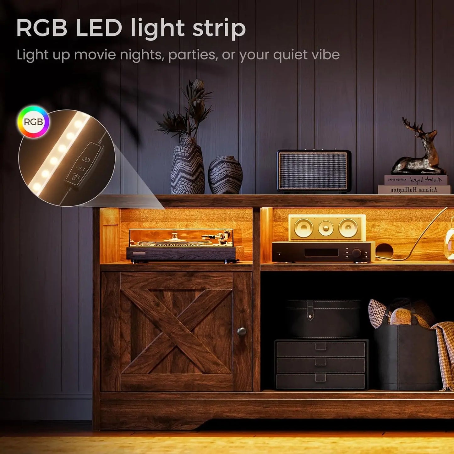 BIANXIANG Farmhouse TV Stand With Power Outlet And LED Lighting
