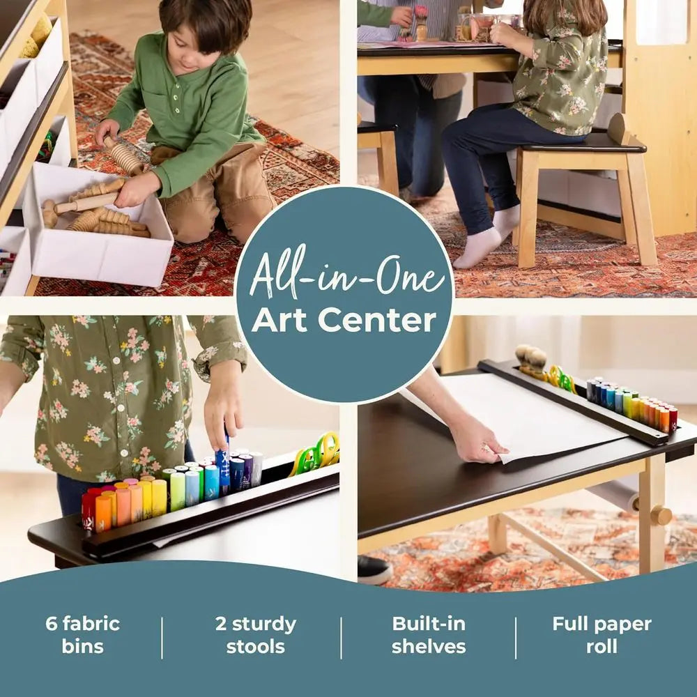 Children's Art Table And Chairs Set With Storage Paper Roll
