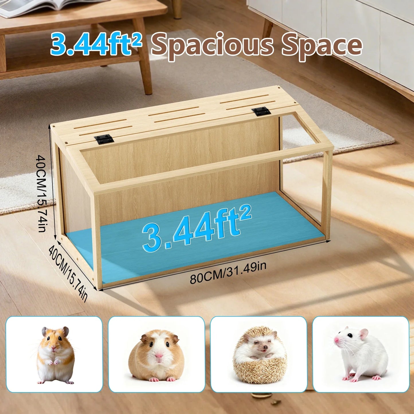 Wooden Hamster Cage With Tempered Glass LED Light Open Roof
