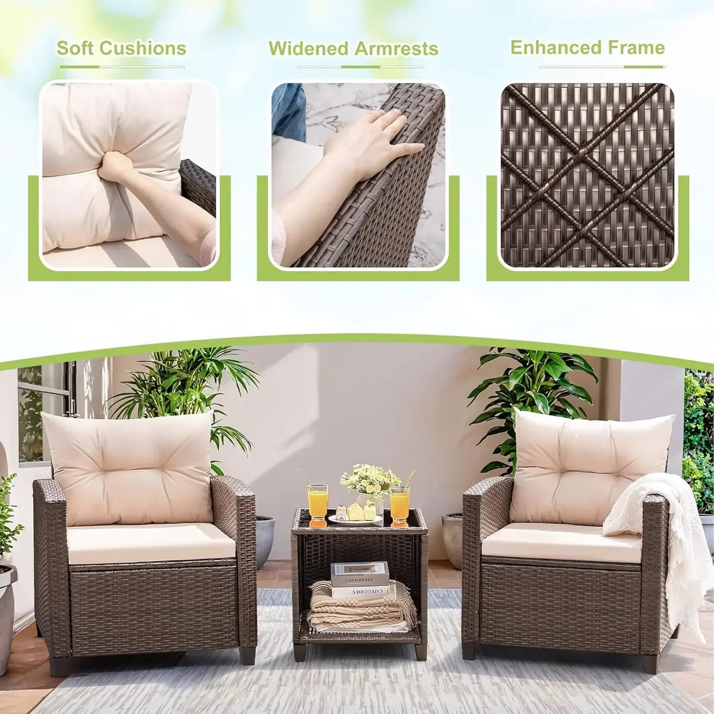 Rattan Wicker Patio Set 3 Pieces With Chairs And Table