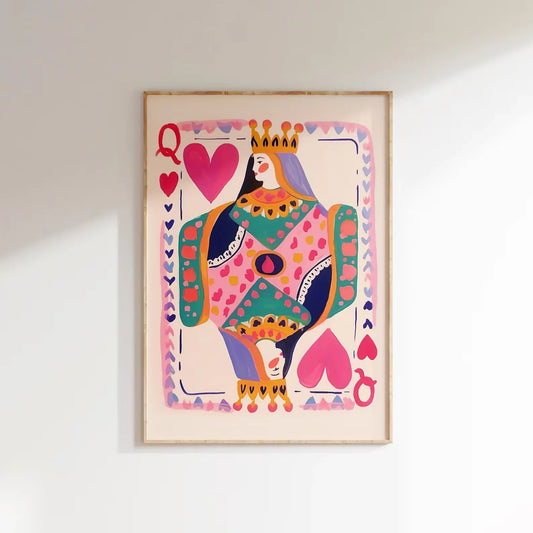 Queen of Hearts Wall Art Print | Colorful Playing Card Digital Download | Maximalist Card Decor | Dopamine Queen Illustration |