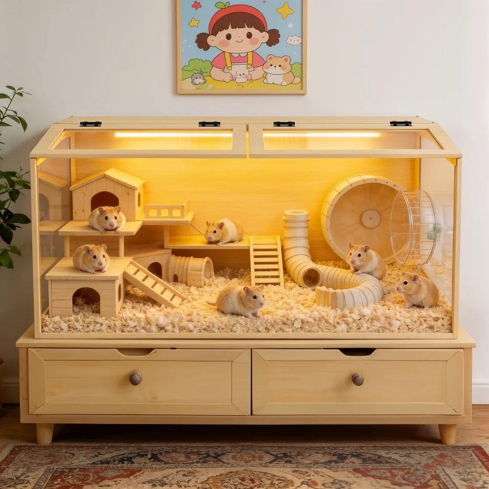 Wooden Hamster Cage With Tempered Glass LED Light Open Roof