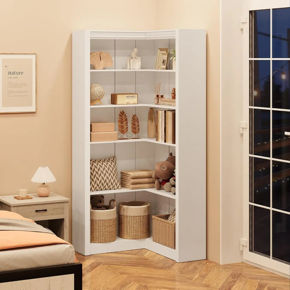 Corner L Shaped Bookcase With 5 Tier Display Shelf