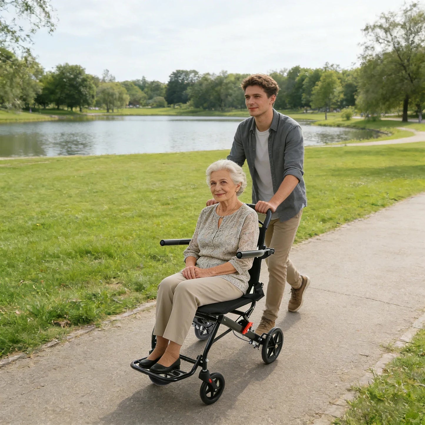 Foldable Transport Wheelchair With Handbrake For Adults Portable Mobility Chair