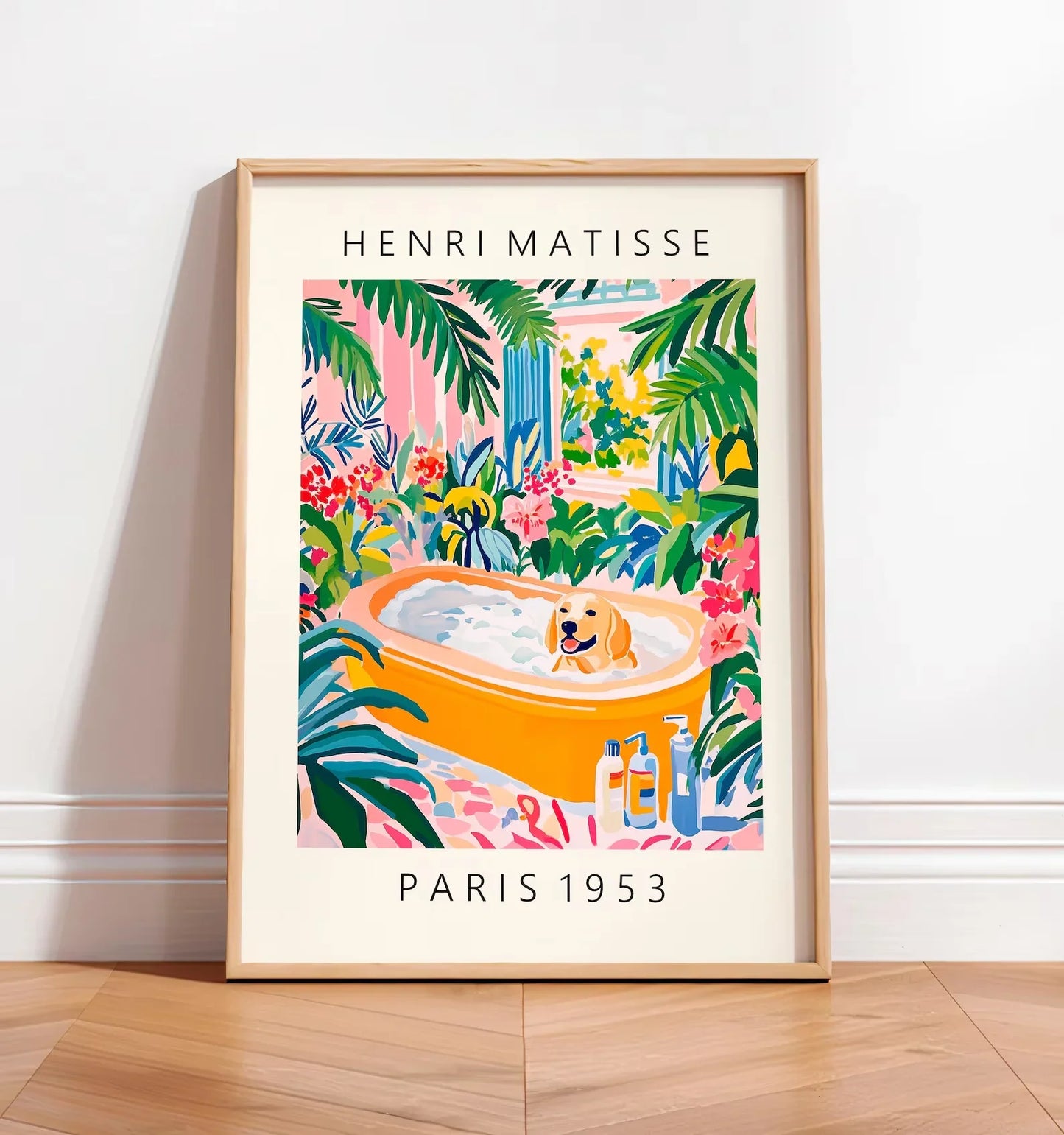 Black cat on toilet, Bathroom wall art, Matisse poster, Funny bathroom decor, Pink tropical decor