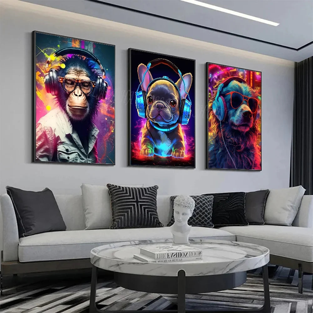 Animal Monkey Cat Dog Headphone Dj Music Poster Canvas P Poster HD Posters Home Room Bar Cafe Decor Art Wall Painting Picture