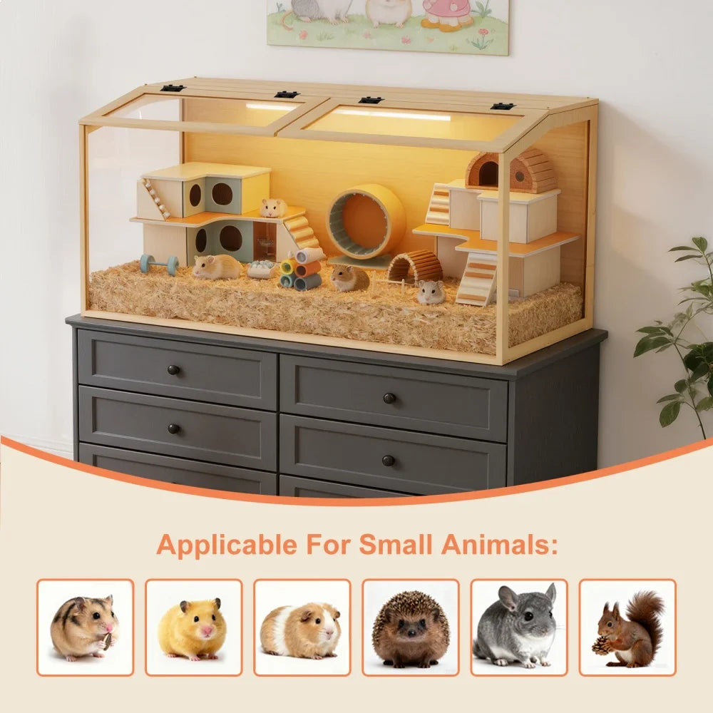 Wooden Hamster Cage With Tempered Glass LED Light Open Roof