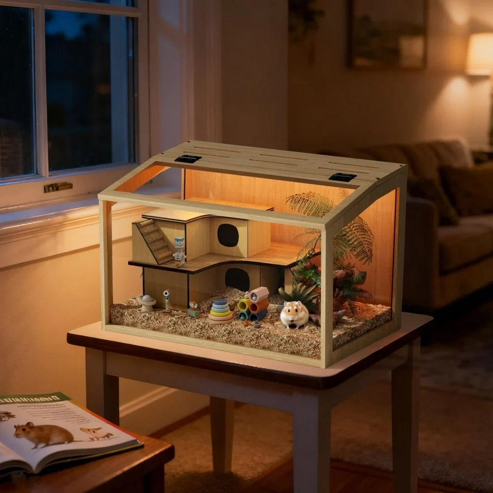 Wooden Hamster Cage With Tempered Glass LED Light Open Roof