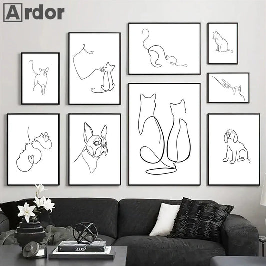 Abstract Pet Dog Cat Poster Canvas Painting Line Drawing Wall Poster Black White Minimalist Art Prints Nordic Picture Home Decor