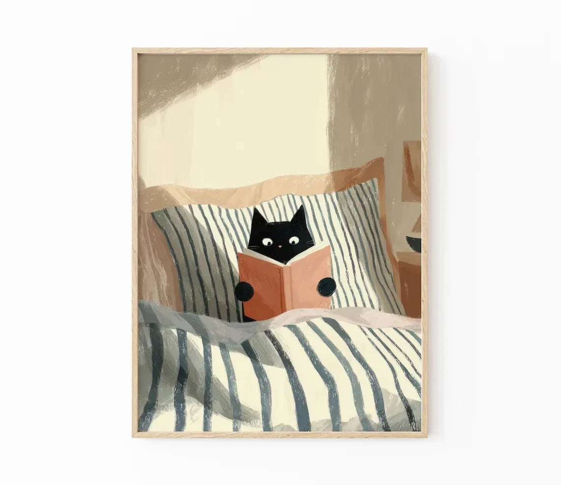 Cat Reading Print – Black Cat Wall Art, Cosy Bedroom Poster, Book Lover Cat Illustration, Cat in Bed Print, Reading Decor, Cat B