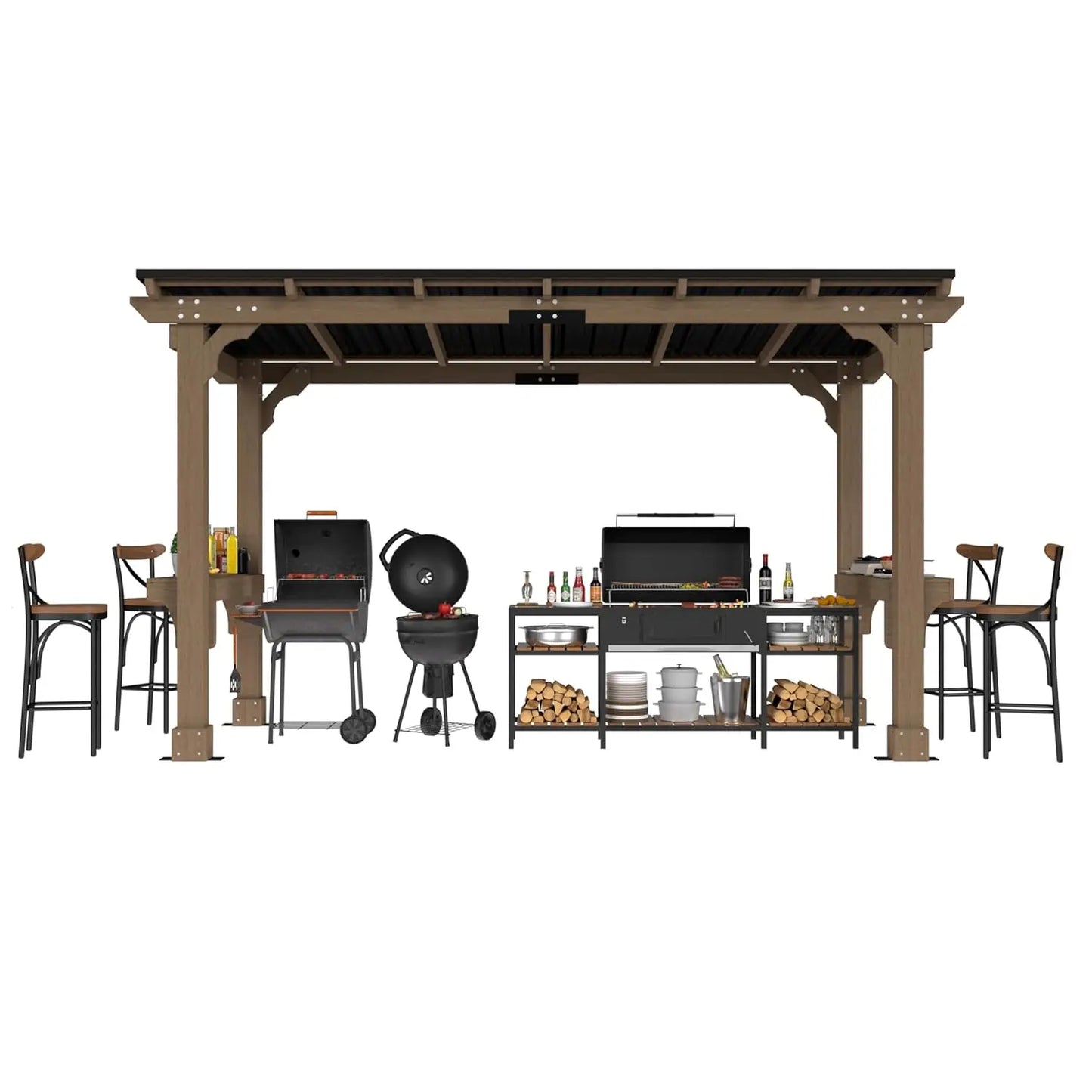 DUOFU Wood Grill Gazebo With Metal Roof Outdoor Patio Canopy