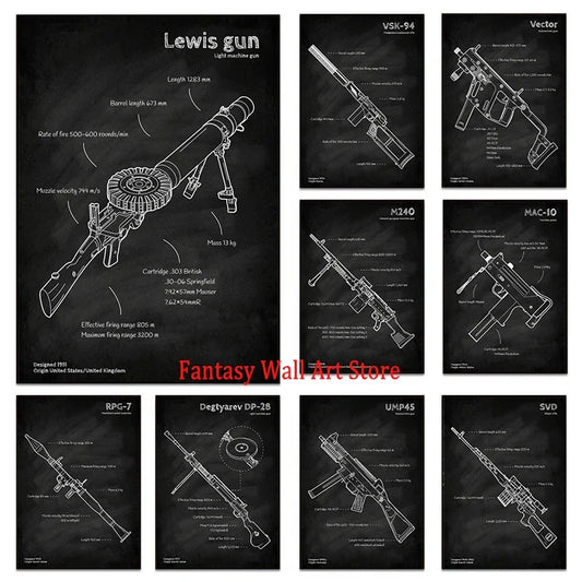 Weapons Blueprint Poster Black Board Guns Blueprint Wall Art Canvas Painting Military Enthusiast Home Room Wall Decor Gunfight
