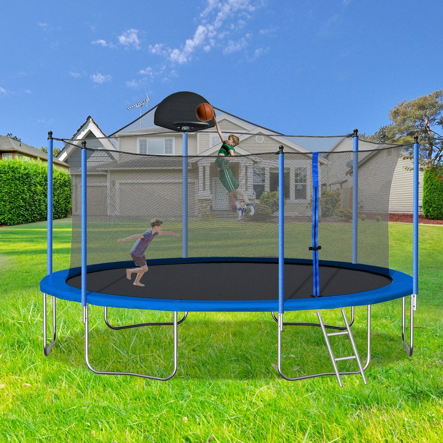 HiMISS Trampoline With Outdoor Enclosure Net Backboard And Ladder