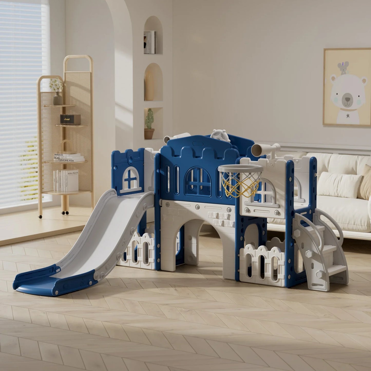 Toddler Indoor Slide Playset 8 In 1 With Basketball Hoop
