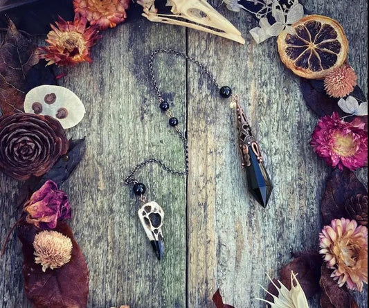 Obsidian Raven Skull Pendulum