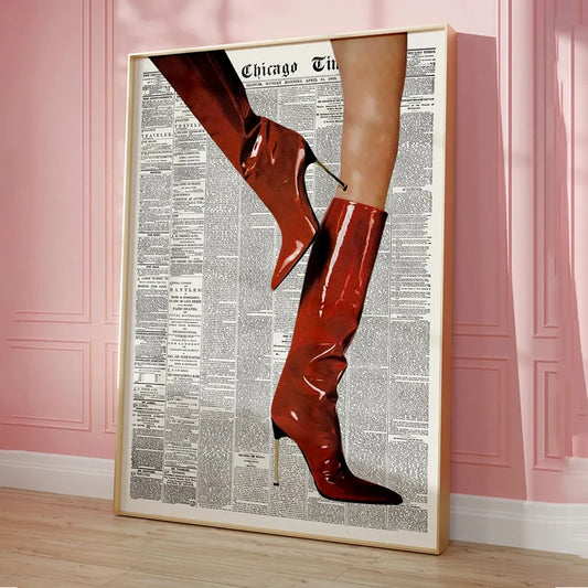 Modern Retro Newspaper Red Boots Fashion Leopard Boots Vintage Wall Art Canvas Painting Posters For Living Room Home Decor