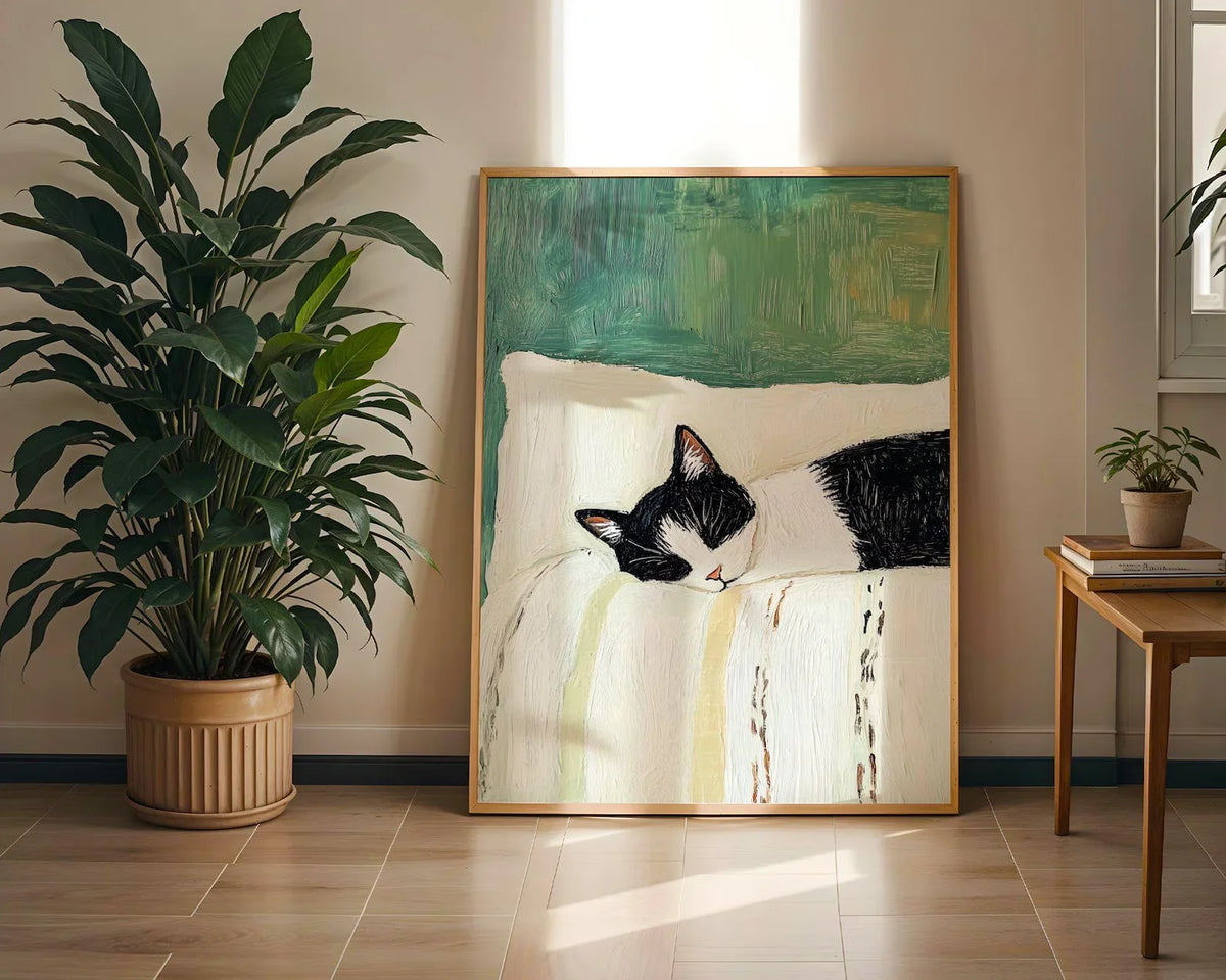 Sleeping Tuxedo Cat Wall Art Print: Black and White Cat Painting, Unframed Cat Poster gift decoration