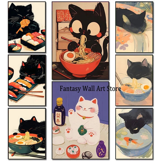 Vintage Japanese Cat Eat Ramen Sushi Maneki Neko Poster Kitchen Wall Art Apanese Cat Neko Wall Decor Canvas Painting Restaurant