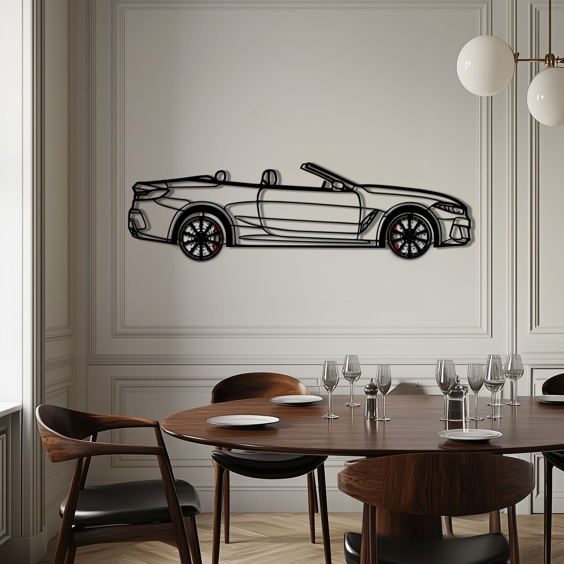 BMW 850i Metal Car Wall Art with Rotating Wheels - Luxury Grand Tourer Silhouette - Interactive Automotive Wall Decor - KAFMEKA105