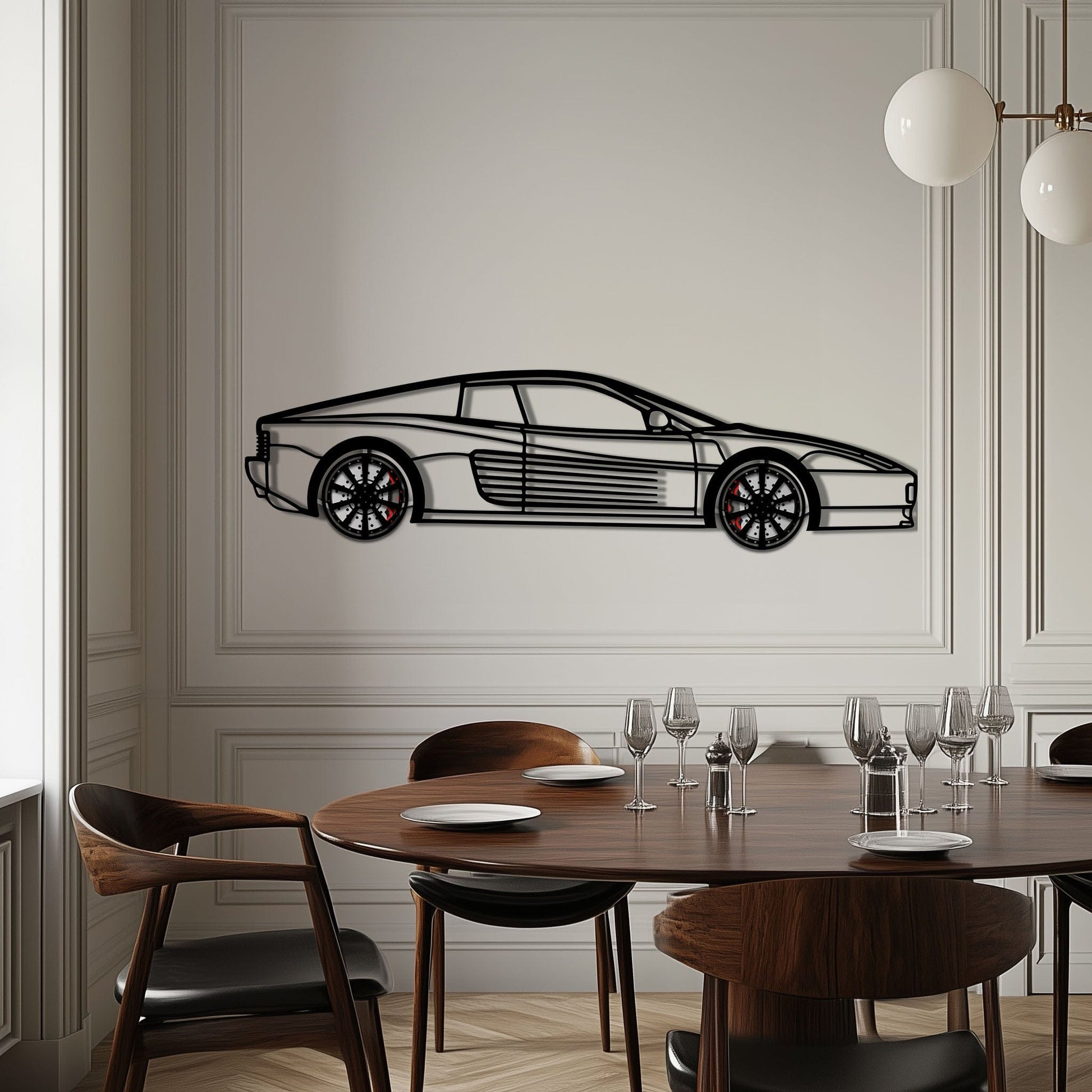 Ferrari Testarossa Metal Car Wall Art with Rotating Wheels - Iconic 80s Supercar Silhouette - Interactive Retro Automotive Decor - KAFMEKA136