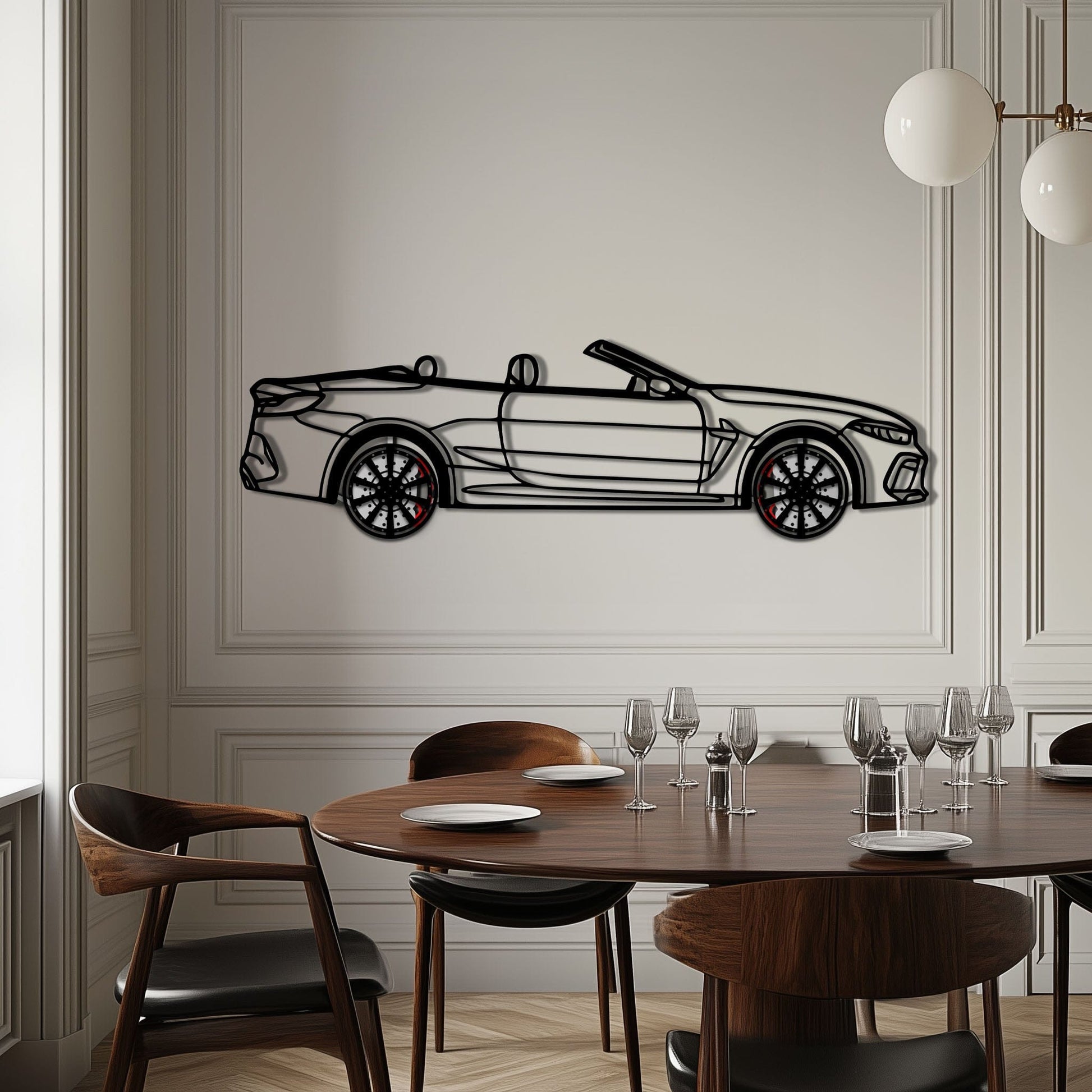 BMW M8 Competition Metal Car Wall Art with Rotating Wheels - M Power Luxury Silhouette - Interactive Automotive Wall Art - KAFMEKA109