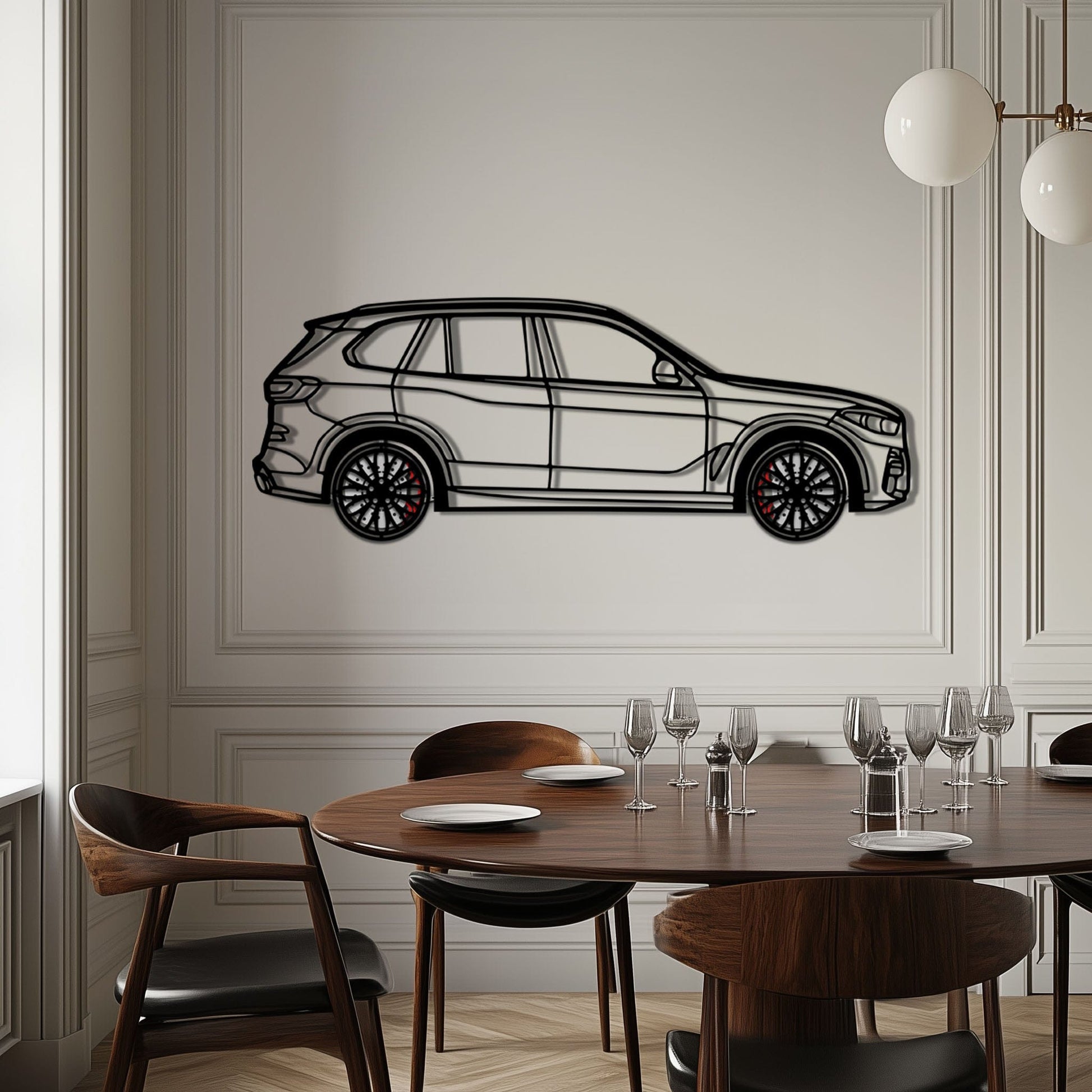 BMW X5 Metal Car Wall Art with Rotating Wheels - Modern SAV Silhouette Decor - Interactive Automotive Wall Art - KAFMEKA111