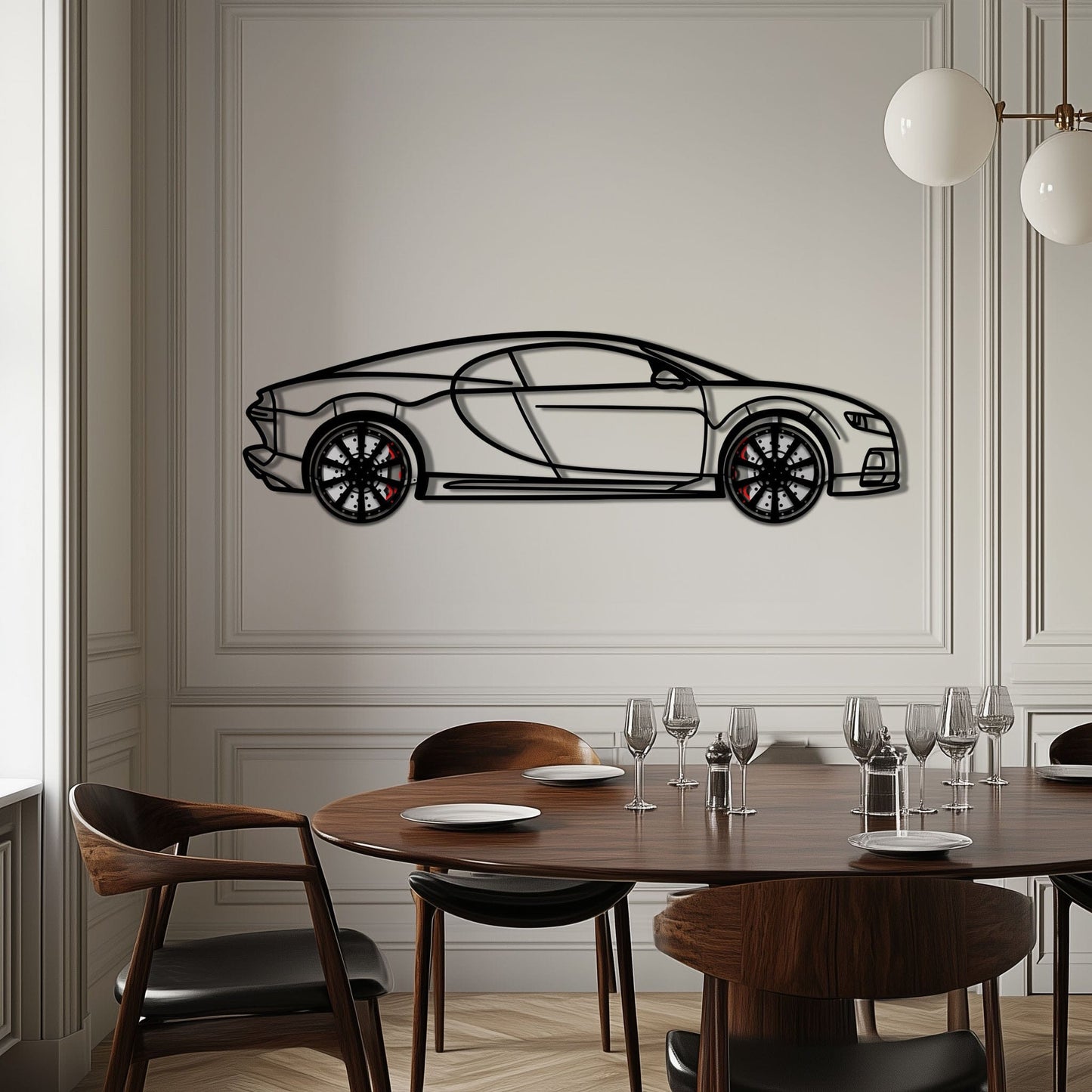 Bugatti Chiron Metal Car Wall Art with Rotating Wheels - Ultimate Hypercar Silhouette Decor - Interactive Automotive Wall Art - KAFMEKA116