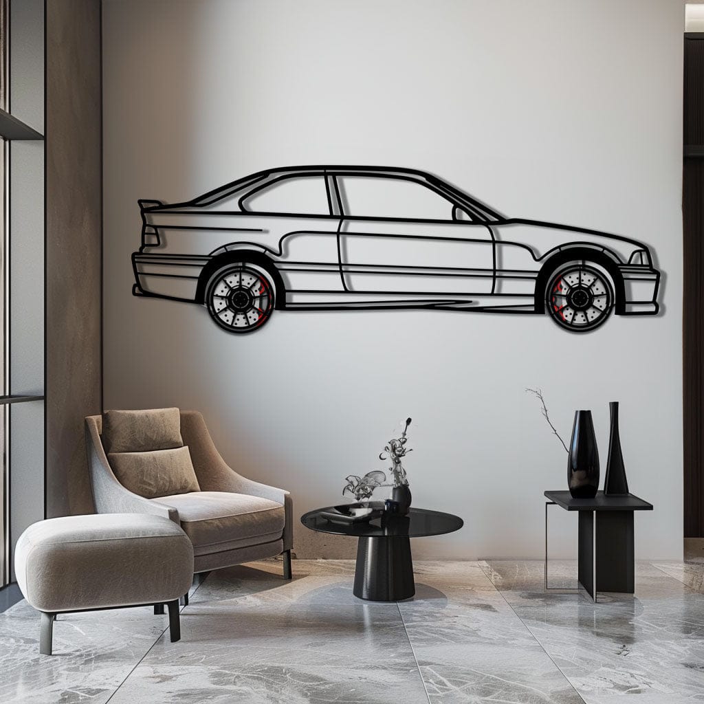 BMW E36 M3 Metal Car Wall Art with Rotating Wheels - 90s Performance Legend Silhouette - Interactive Automotive Wall Decor - KAFMEKA101