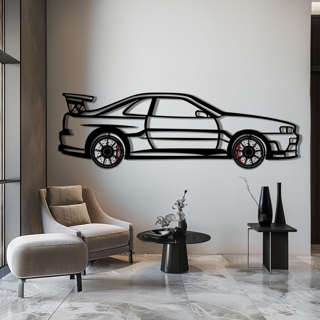 Nissan Skyline GT-R R34 Metal Car Wall Art with Rotating Wheels - "Godzilla" JDM Legend Silhouette - Interactive Automotive Wall Decor - KAFMEKA152