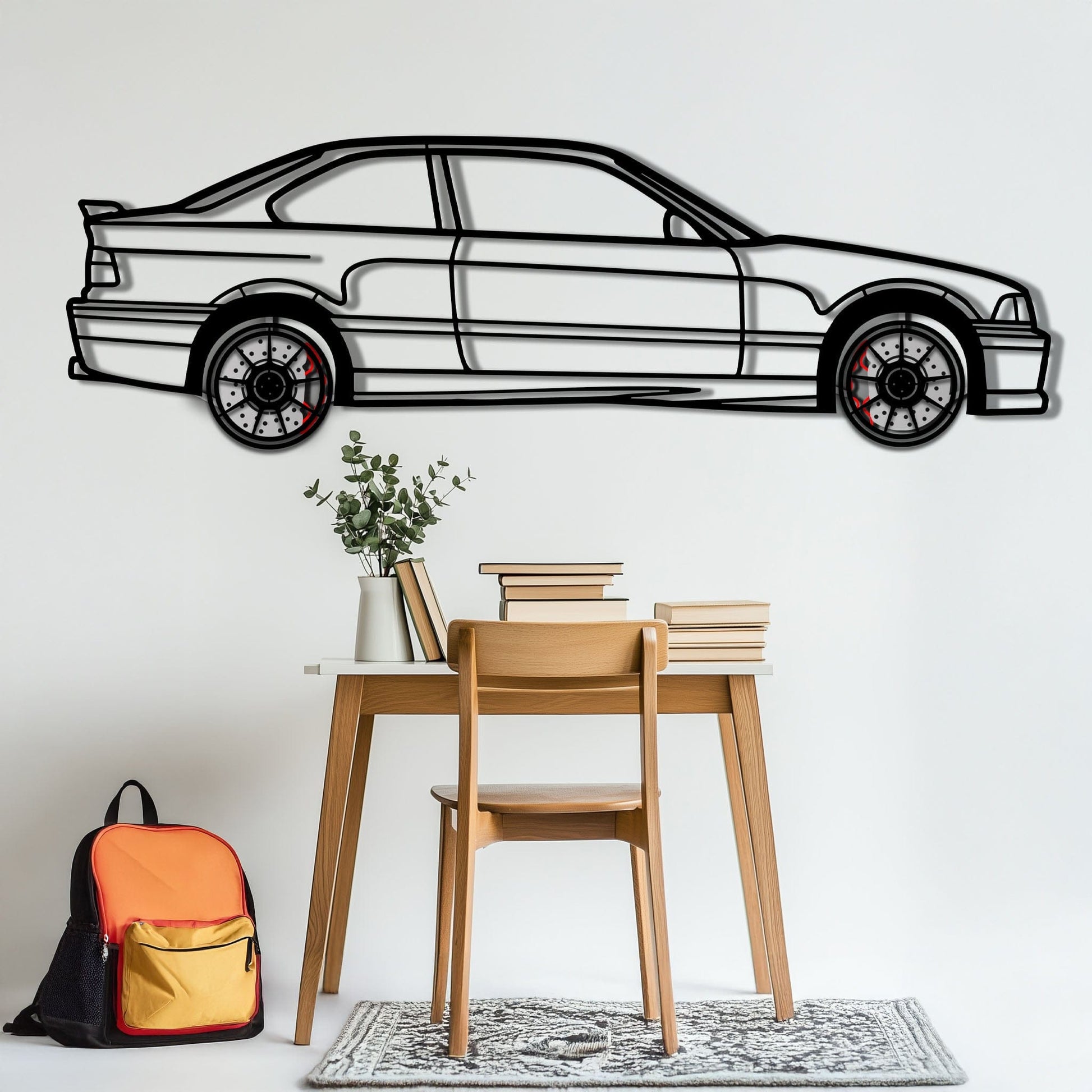 BMW E36 M3 Metal Car Wall Art with Rotating Wheels - 90s Performance Legend Silhouette - Interactive Automotive Wall Decor - KAFMEKA101