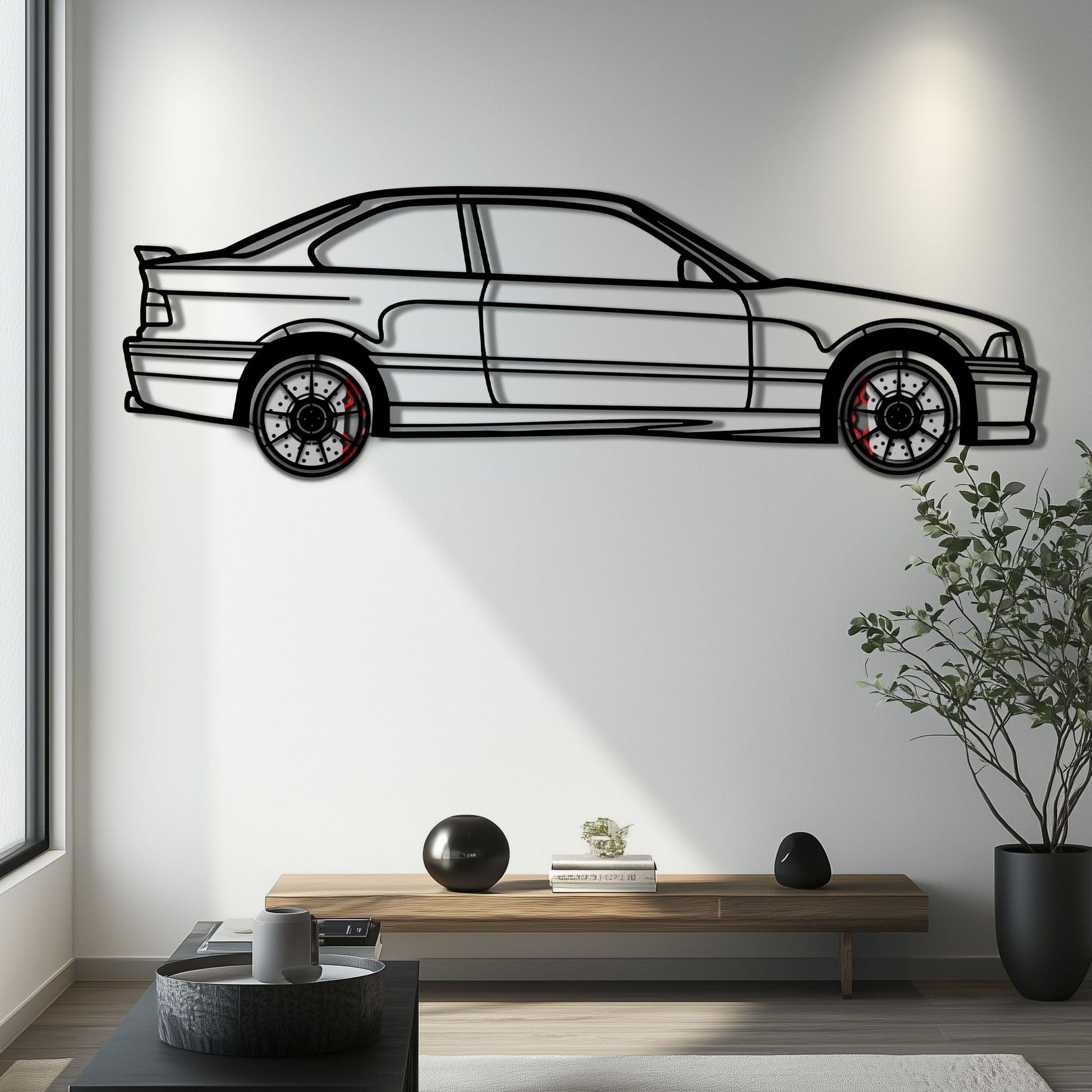 BMW E36 M3 Metal Car Wall Art with Rotating Wheels - 90s Performance Legend Silhouette - Interactive Automotive Wall Decor - KAFMEKA101