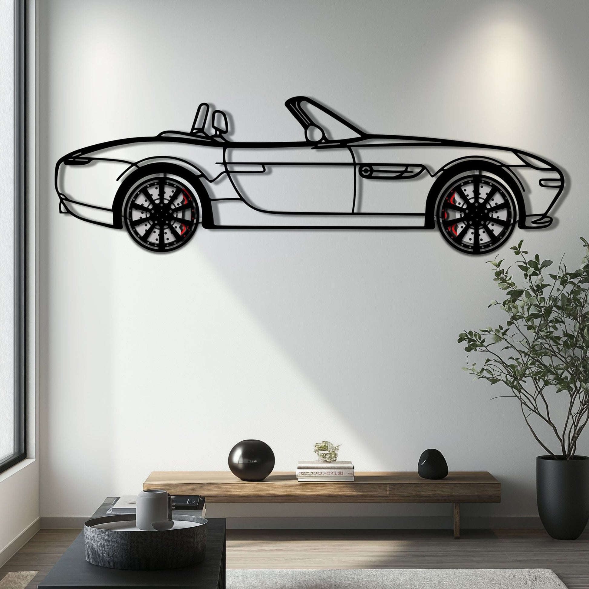 BMW Z8 Metal Car Wall Art with Rotating Wheels - Classic Luxury Roadster Silhouette - Interactive Automotive Wall Decor - KAFMEKA115