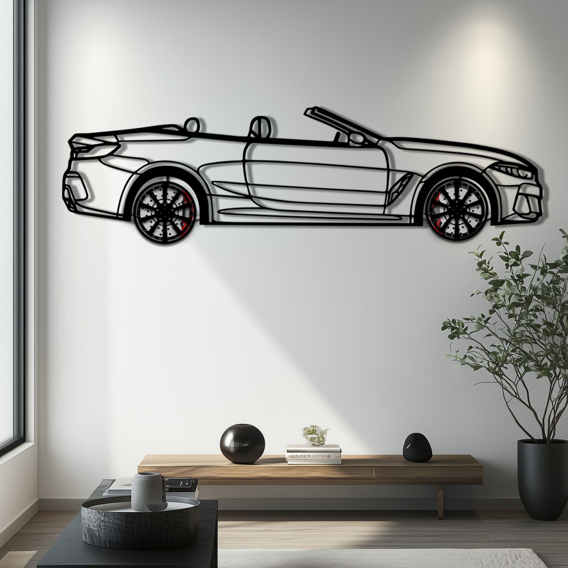 BMW 850i Metal Car Wall Art with Rotating Wheels - Luxury Grand Tourer Silhouette - Interactive Automotive Wall Decor - KAFMEKA105