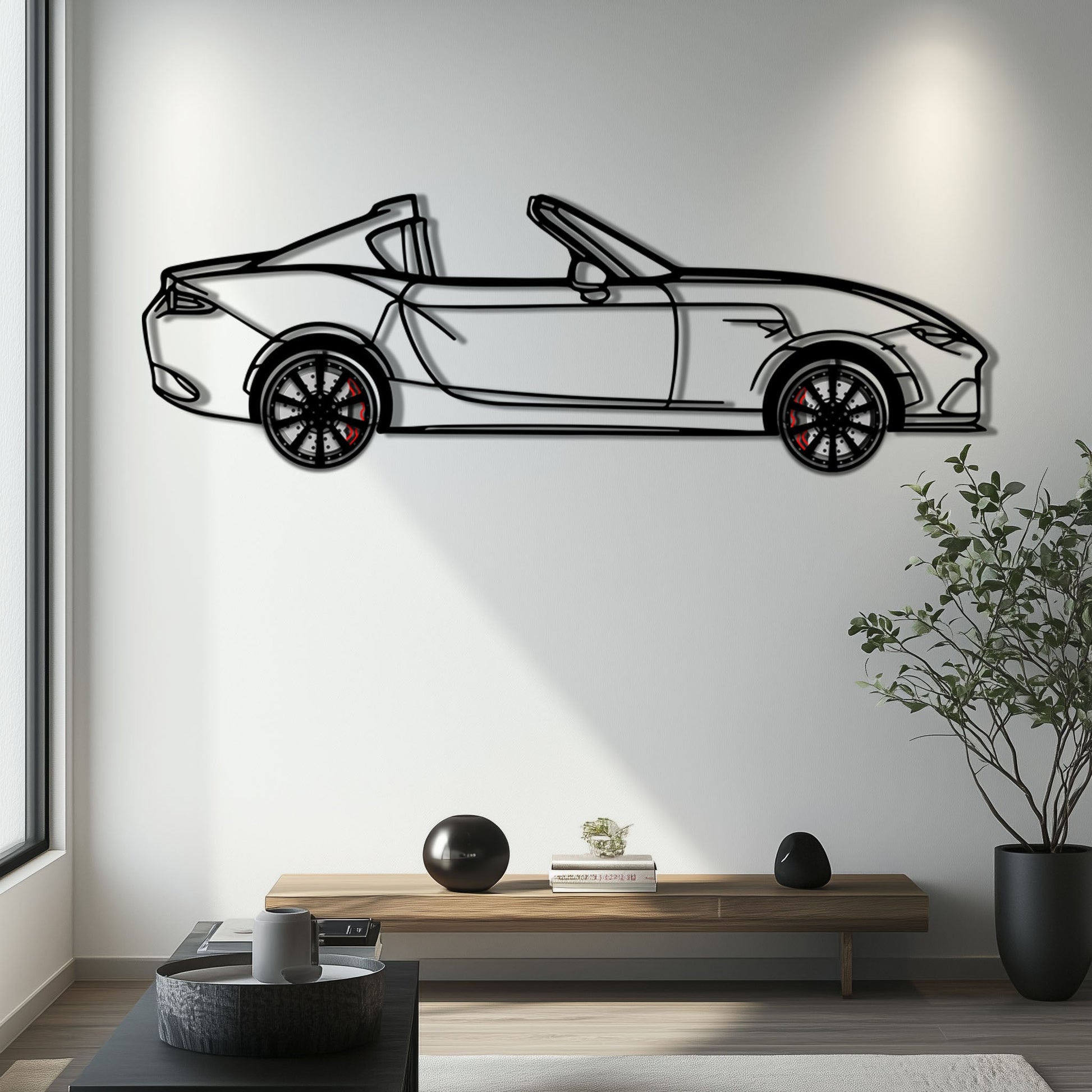 Mazda MX-5 RF Metal Car Wall Art with Rotating Wheels - JDM Roadster Silhouette - Interactive Automotive Wall Decor - KAFMEKA146