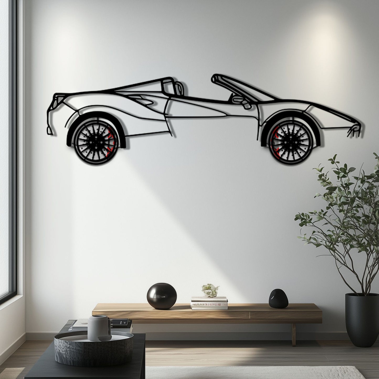 Ferrari 488 Spider Metal Car Wall Art with Rotating Wheels - Italian Twin-Turbo V8 Silhouette - Interactive Automotive Wall Decor - KAFMEKA126