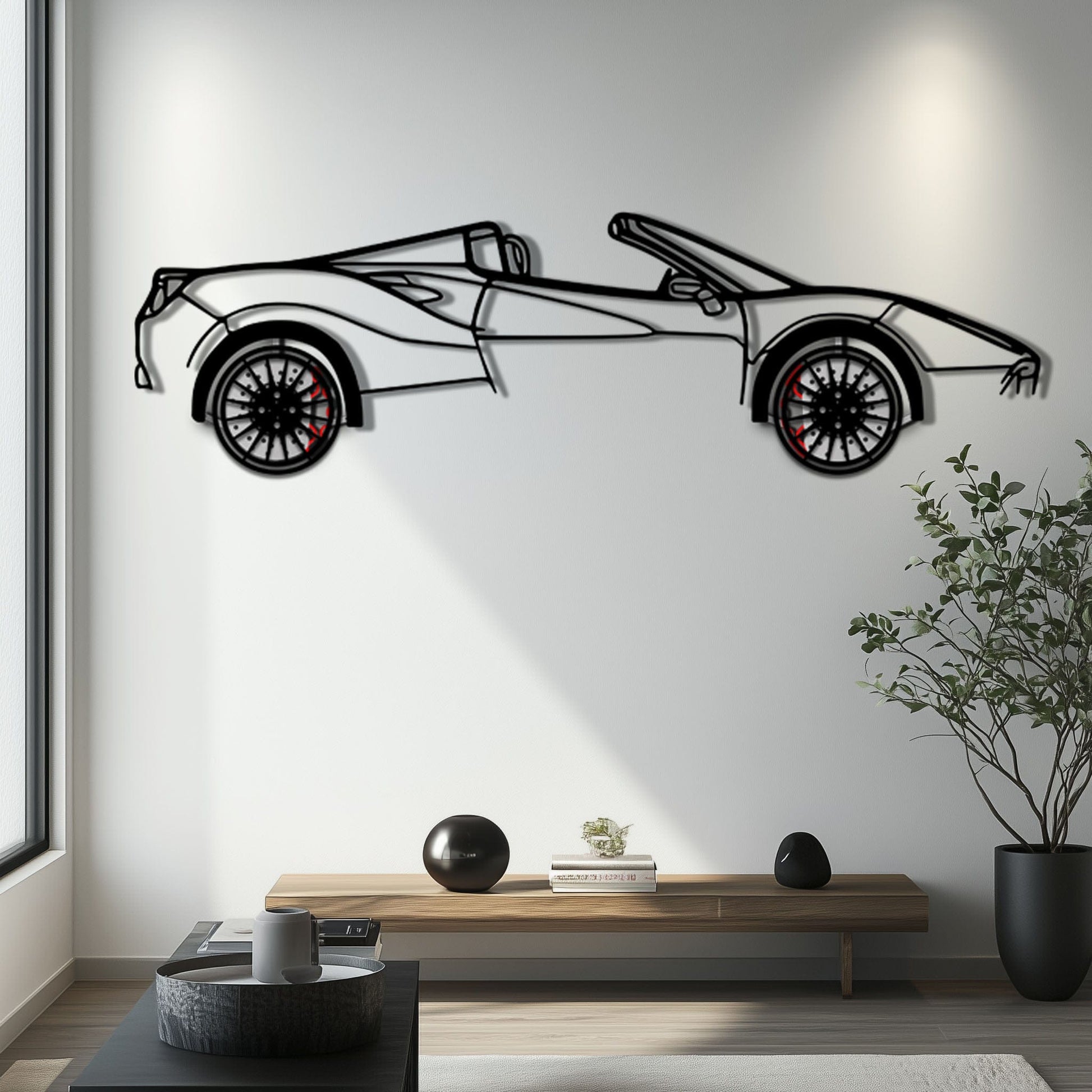 Ferrari 488 Spider Metal Car Wall Art with Rotating Wheels - Italian Twin-Turbo V8 Silhouette - Interactive Automotive Wall Decor - KAFMEKA126