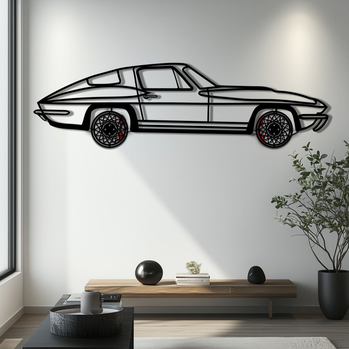 Chevrolet Corvette C3 Stingray Metal Car Wall Art with Rotating Wheels - Classic American Muscle Silhouette - Interactive Automotive Decor - KAFMEKA120
