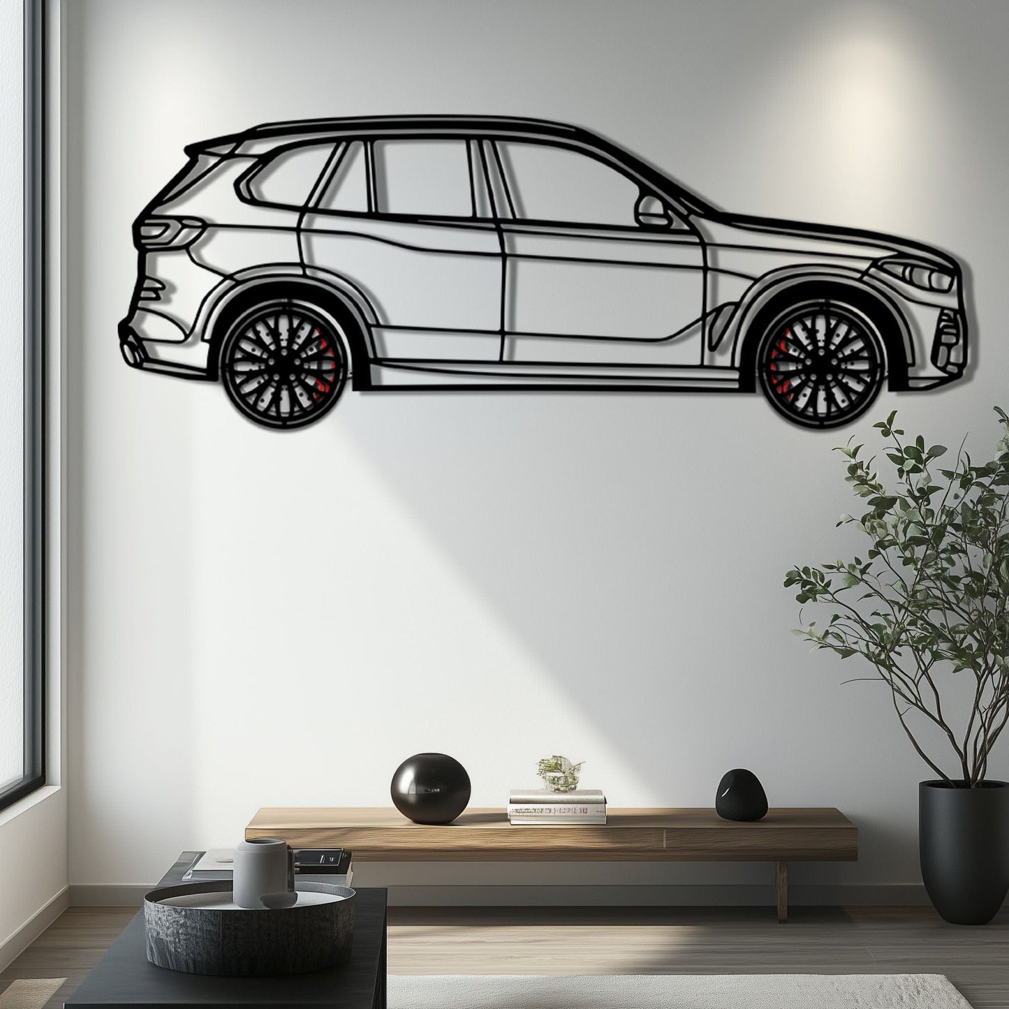 BMW X5 Metal Car Wall Art with Rotating Wheels - Modern SAV Silhouette Decor - Interactive Automotive Wall Art - KAFMEKA111