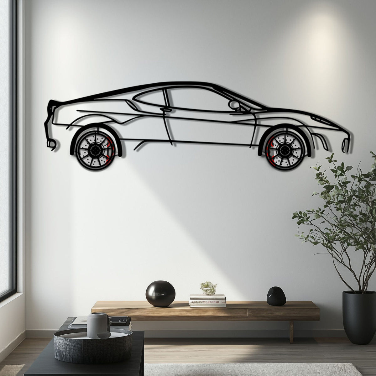 Ferrari F430 Metal Car Wall Art with Rotating Wheels - Italian V8 Supercar Silhouette - Interactive Automotive Wall Decor - KAFMEKA132