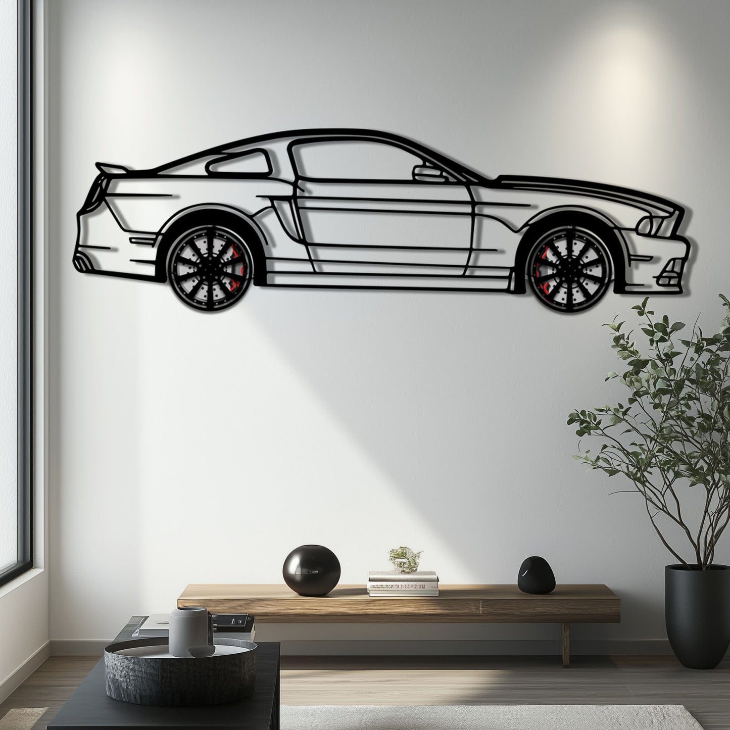 2013 Ford Mustang GT Metal Car Wall Art with Rotating Wheels - S197 Modern Muscle Silhouette - Interactive Automotive Wall Decor- KAFMEKA141