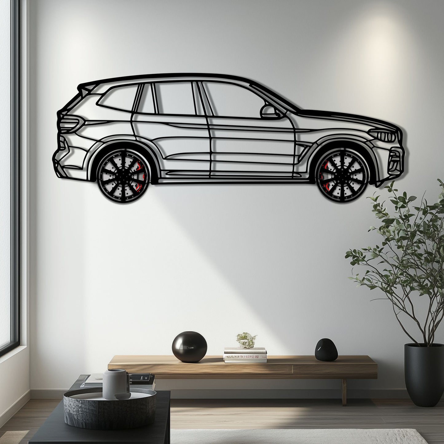 BMW X3 Metal Car Wall Art with Rotating Wheels - Modern SAV Silhouette Decor - Interactive Automotive Wall Art - KAFMEKA110
