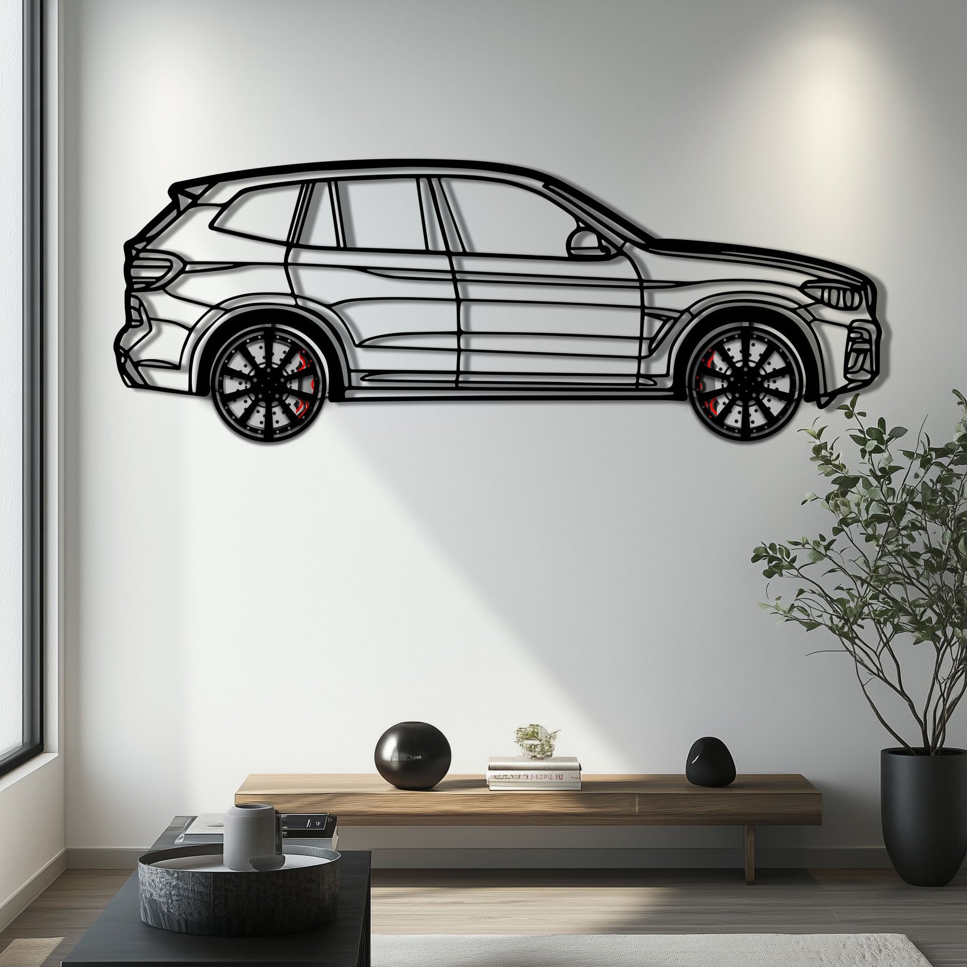 BMW X3 Metal Car Wall Art with Rotating Wheels - Modern SAV Silhouette Decor - Interactive Automotive Wall Art - KAFMEKA110