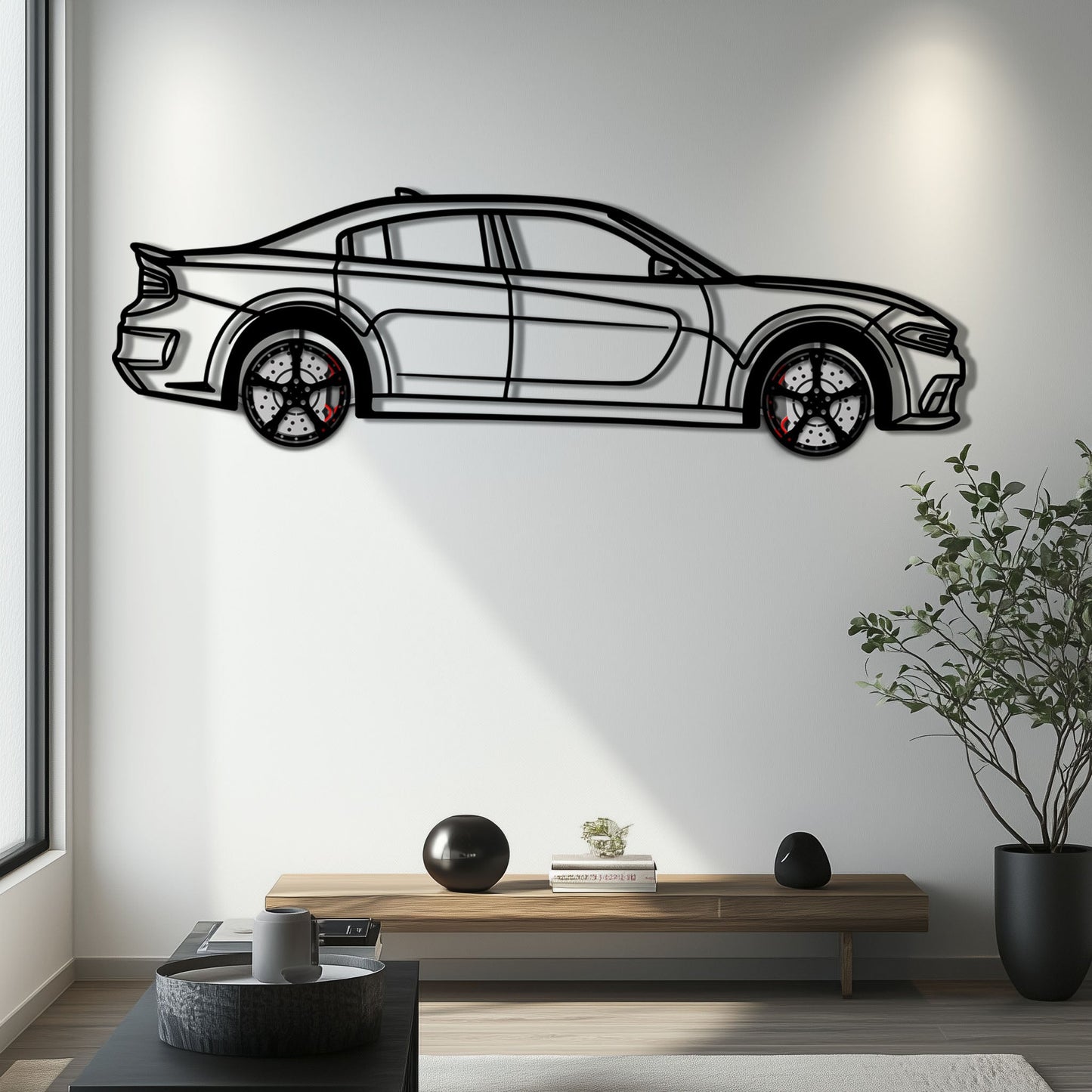 Dodge Charger SRT Metal Car Wall Art with Rotating Wheels - Modern American Muscle Silhouette - Interactive Automotive Wall Decor - KAFMEKA121